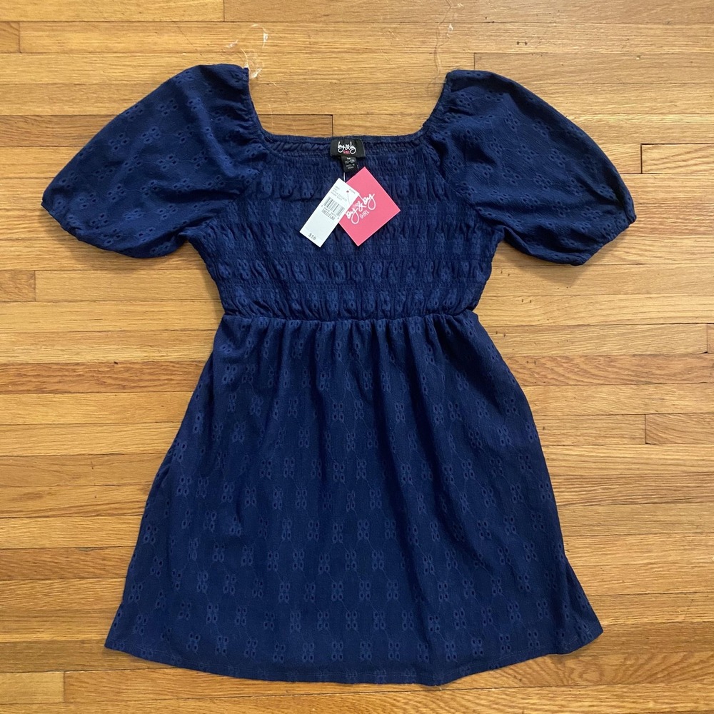 by&by GIRL Dress Girls Medium 10-12 Navy Eyelet Puff Sleeve Square Neck Smocked